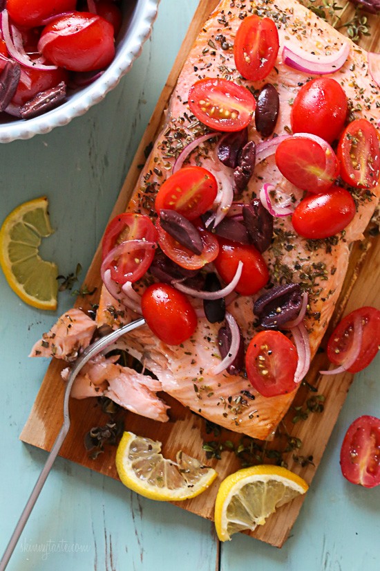 Grilled Mediterranean cedar plank salmon