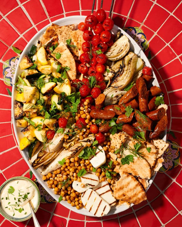Grilled merguez sausages and veggies with crispy chickpeas