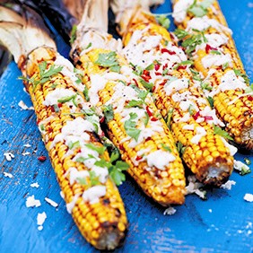 Grilled Mexican corn with mozzarella and cilantro