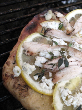 Grilled Meyer lemon pizza with chicken, goat cheese and thyme