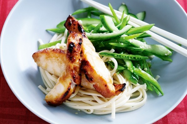 Grilled miso fish with snow pea salad