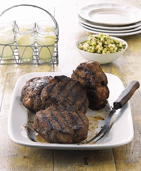 Grilled monster pork chops with tomatillo and green apple sauce