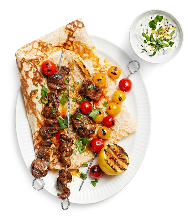 Grilled Moroccan beef skewers with yogurt sauce