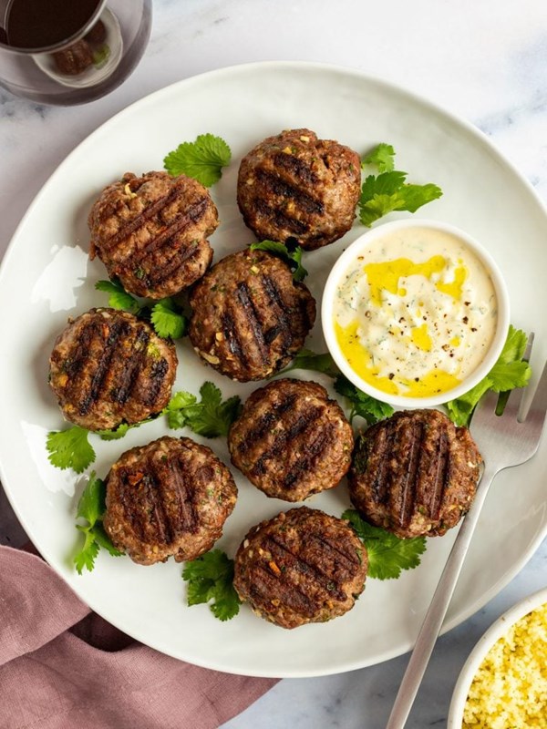 Grilled Moroccan meatballs with yogurt sauce