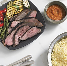 Grilled Moroccan spice-crusted lamb with spicy chile sauce