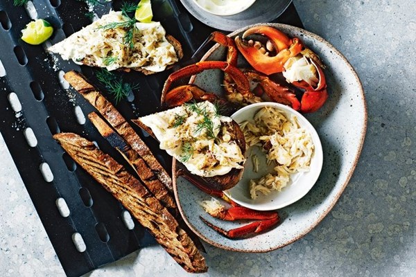 Grilled mud crab, rye bread, crème fraîche, lime