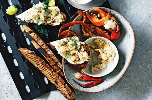 Grilled mud crab, rye bread, creme fraiche, lime