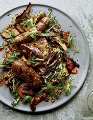 Grilled mushrooms and sausages with pimentón vinaigrette