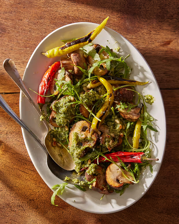 Grilled mushrooms with habanero and rocket pesto (Ben Allen)