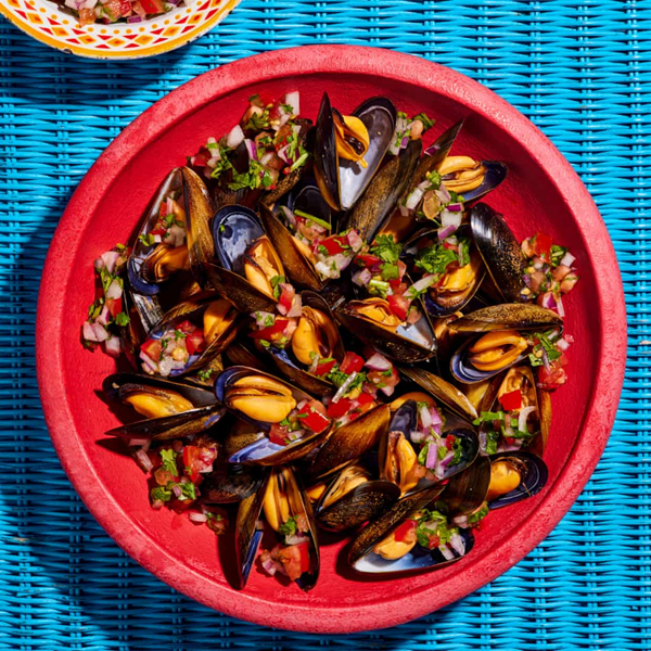Grilled mussels, lime-pickled onions and tomato salsa (Anna Ortiz)
