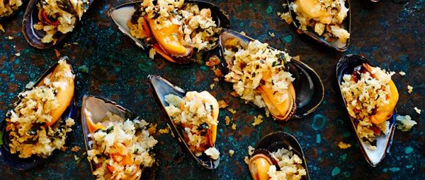 Grilled mussels with gremolata crumbs