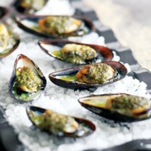 Grilled mussels with salsa verde