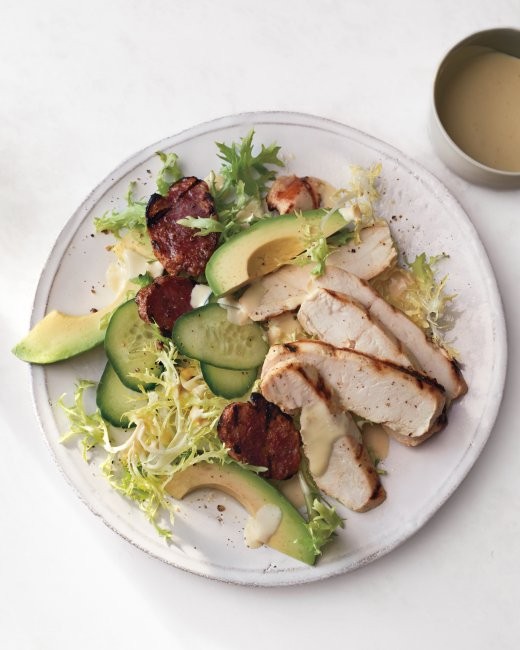 Grilled mustard chicken with salami and avocado