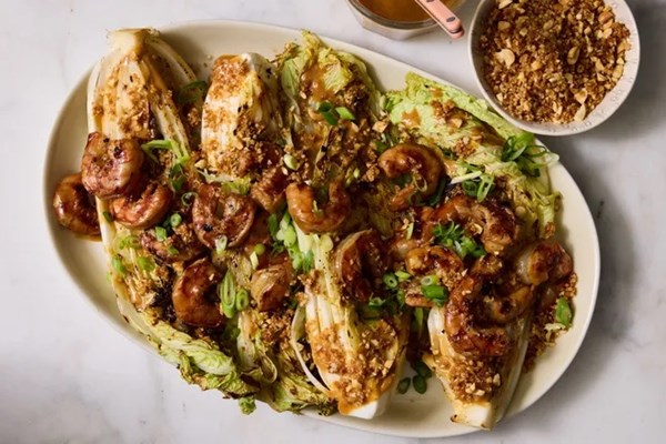Grilled napa Caesar with shrimp, peanuts & panko