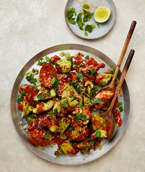 Grilled nectarine, cucumber and gochujang salad