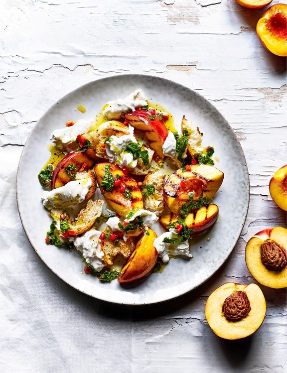 Grilled nectarines with burrata, chilli and mint