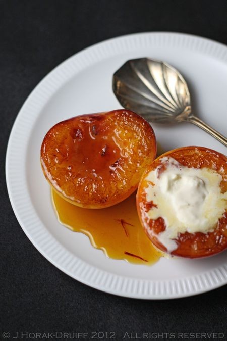 Grilled nectarines with saffron and lavender syrup