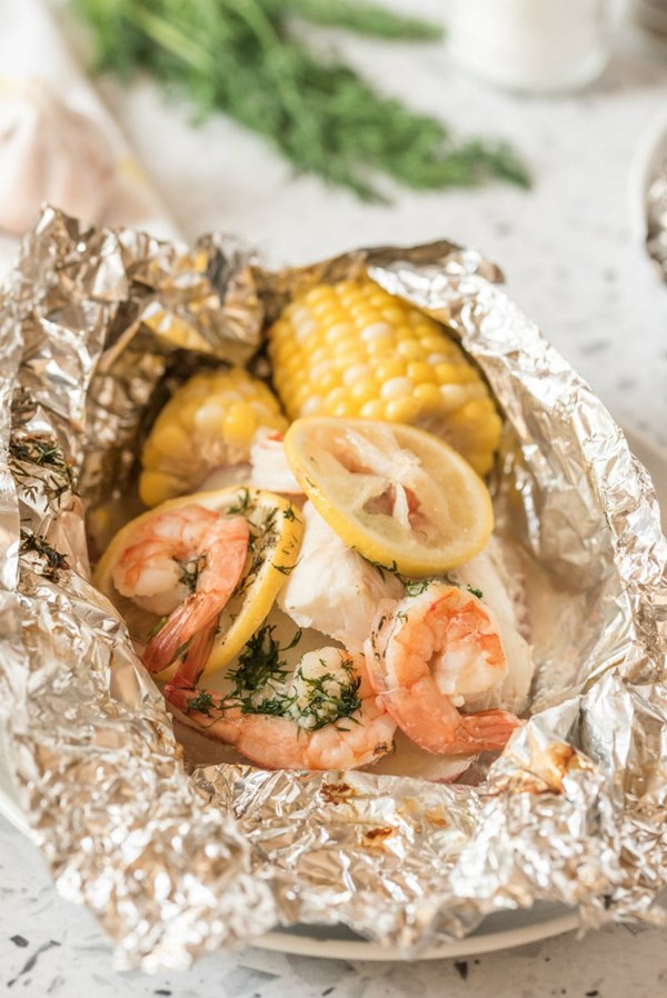 Grilled New England seafood foil packets