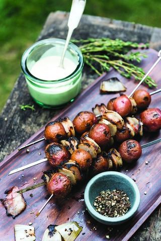 Grilled new potato and onion skewers with bacon-sherry cream