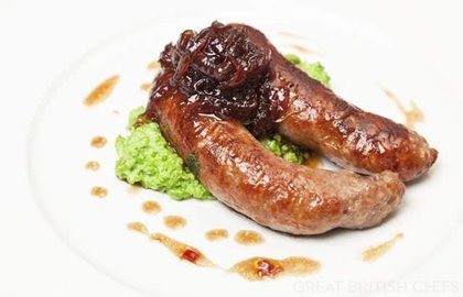 Grilled Norfolk sausages with crushed peas and onion marmalade