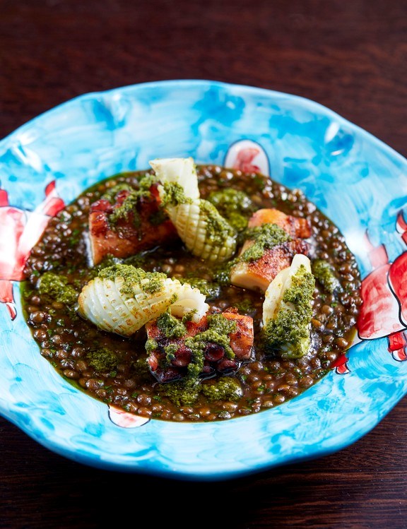Grilled octopus & squid, braised lentils & salsa verde