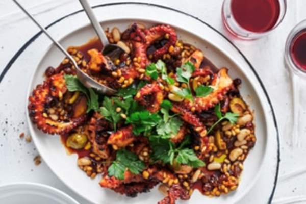 Grilled octopus with agrodolce, pine nuts and green olives