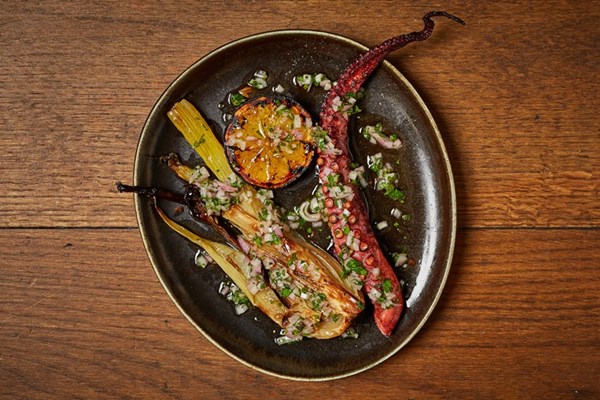 Grilled octopus with fennel, caramelised lemon and salsa cruda