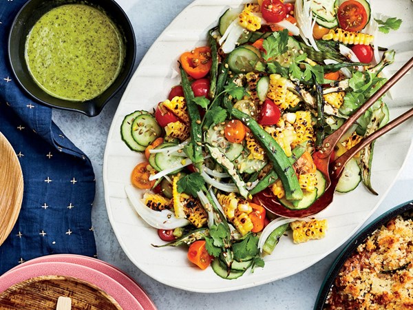 Grilled okra, corn, and tomato salad
