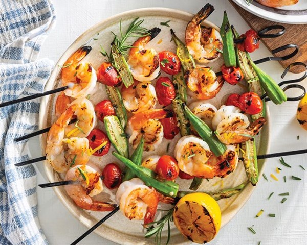Grilled okra, tomato, and shrimp skewers
