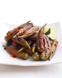 Grilled okra with red curry-lime dressing