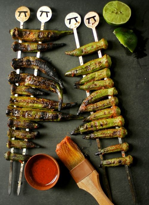 Grilled okra with red curry-lime dressing