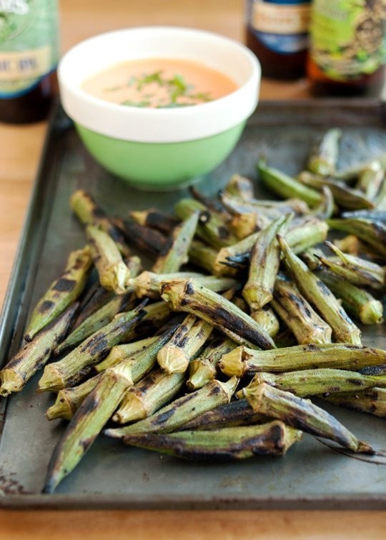 Grilled okra with spicy chipotle dipping sauce