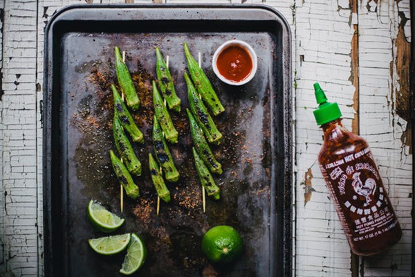 Grilled okra with Sriracha lime salt