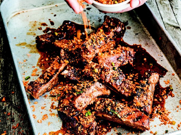 Grilled orange-glazed baby back ribs with chile-peanut dust from 'The Big-Flavor Grill' (Cook the Book)