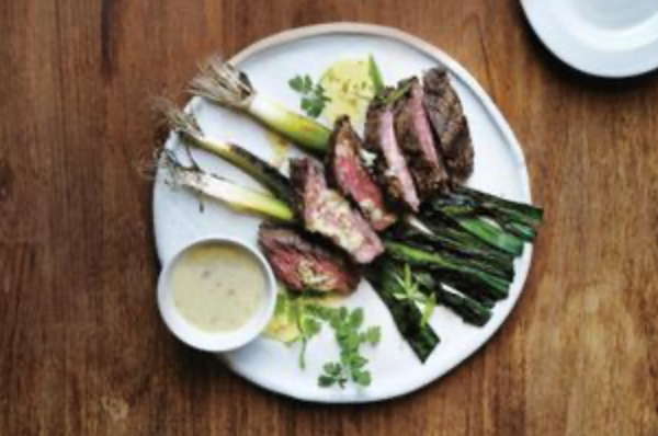 Grilled outside skirt steak, baby leeks and tarragon cider butter [Colin Barker]