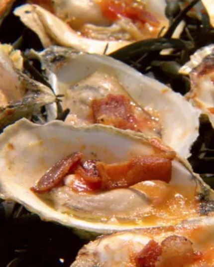 Grilled oysters on the half-shell with pancetta and barbecue sauce