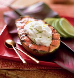 Grilled papaya with sweet saffron butter and lime mascarpone cream