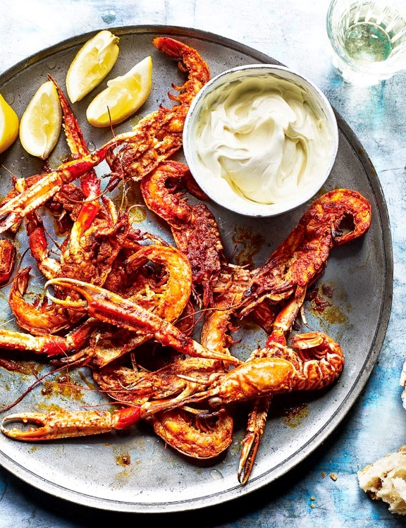 Grilled paprika langoustines with roast garlic aïoli