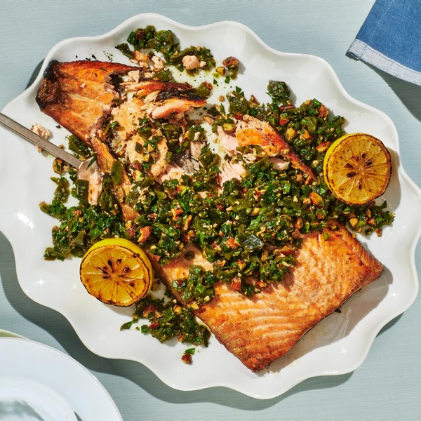 Grilled party salmon with green romesco