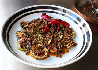 Grilled pattypan squash with hot chorizo vinaigrette