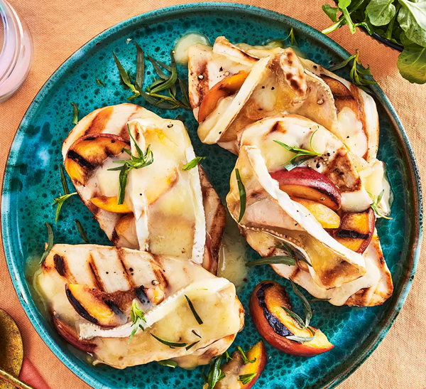 Grilled peach & Brie smothered chicken