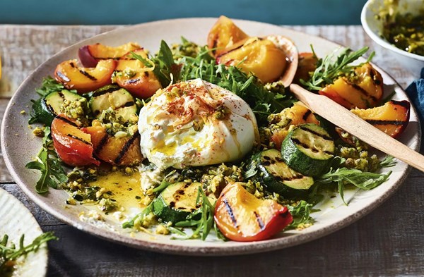 Grilled peach & burrata salad with pistachio pesto