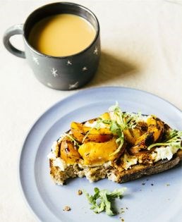 Grilled peach + ricotta toasts