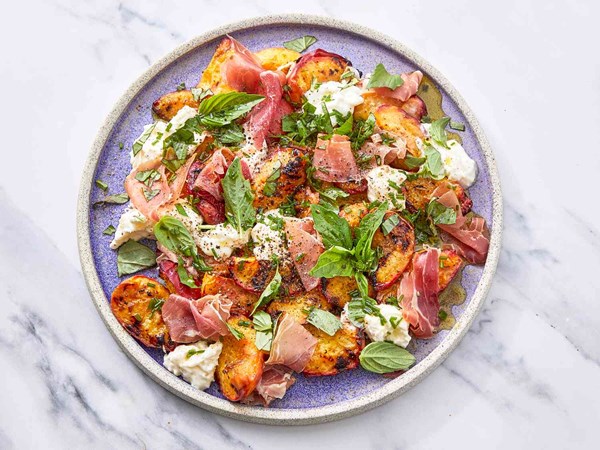 Grilled peach and burrata salad
