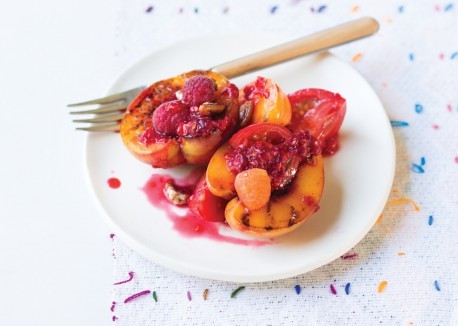 Grilled peach and raspberry fruit salad