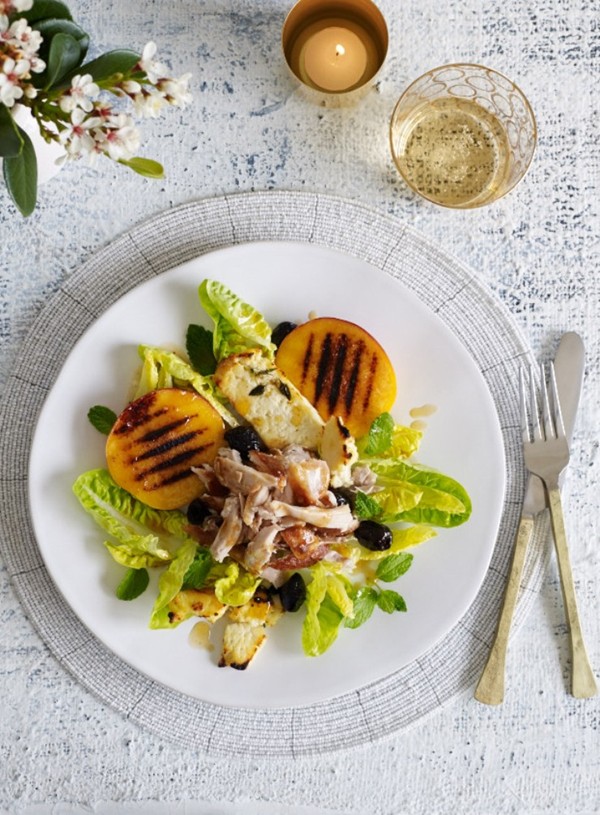 Grilled peach and salted ricotta salad with shredded roast chicken
