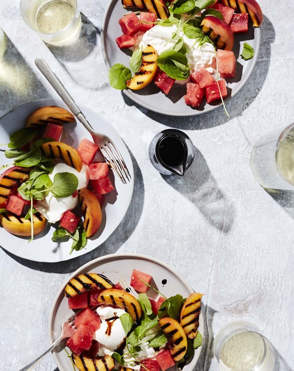 Grilled peach and watermelon burrata salad