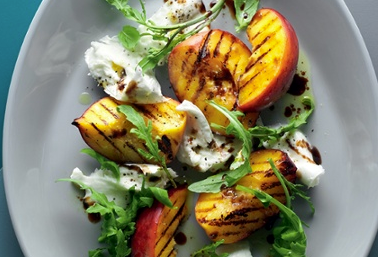 Grilled peach, burrata and basil salad with Dijon dressing
