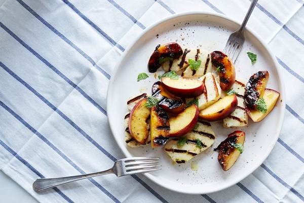 Grilled peach, halloumi, and mint "Caprese"