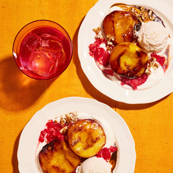 Grilled peach melba, whisky caramel